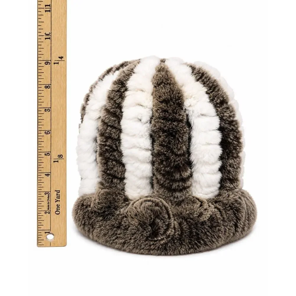 Genuine Rabbit Fur Hat Brown White Striped Soft Warm Winter Cap